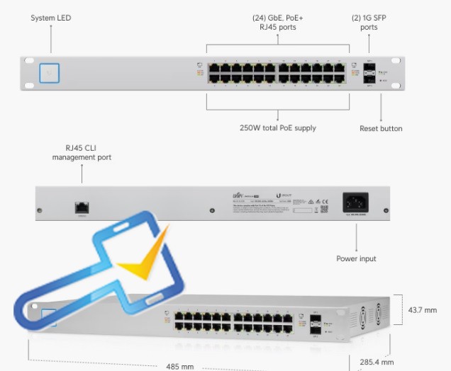 UniFi Switch PoE 24 US-24-250W 24-Port Managed PoE+ Gigabit Switch with SFP